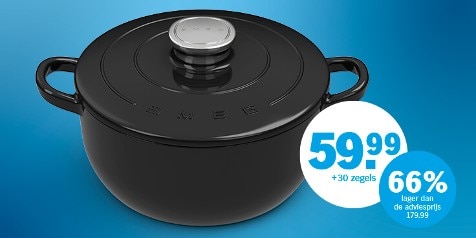Zwarte SMEG braadpan met promotieprijs van 59,99 euro + 30 zegels, 66% lager dan de adviesprijs van 179,99 euro.