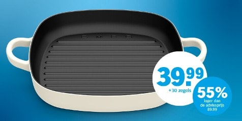 Smeg grillpan met kortingactie: €39,99 + 30 zegels, 55% lager dan de adviesprijs van €89,99.