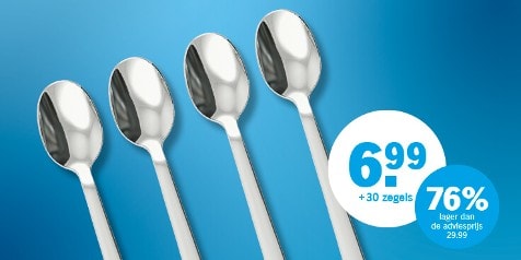 Promotie voor lepels: Prijs 6,99 euro met 30 zegels, 76% lager dan de adviesprijs van 29,99 euro.
