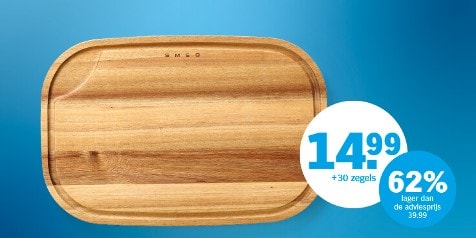 Houten snijplank van Smeg voor 14,99 euro met 30 zegels, 62% lager dan de adviesprijs.
