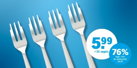 Promotie van vier vorken voor 5,99 euro plus 30 zegels, 76% lager dan de adviesprijs.