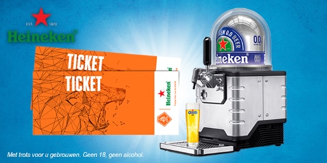 Heineken 0.0 biertap met ticket en glas bier.