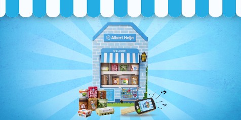 Illustratie van een Albert Heijn supermarkt met verschillende boodschappen, zoals havermout, thee en yoghurt, en een digitale scanner op een blauwe achtergrond