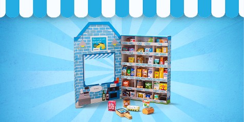 Miniatuur Albert Heijn supermarkt met mini-producten en winkelinterieur op een blauwe achtergrond