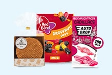 Drie verpakkingen zoetwaren, waaronder stroopwafels, Red Band Dropfruit Duo’s en Auto Drop Cadillacs.
