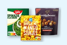 Drie diepvriesproducten: Iglo Spinazie à la Crème, AH doosje met mangostukjes en Kwekkeboom rundvlees bitterballen