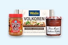 AH Speculoospasta, Wasa volkoren crackers en Bonne Maman aardbeienjam naast elkaar