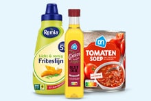 Drie producten: Remia Friteslijn saus, Casa di Oliva olijfolie en AH tomatensoep.