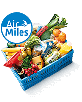 Albert Heijn boodschappenmand gevuld met diverse levensmiddelen en Air Miles logo.