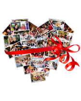 Collage van foto's in hartvorm met rode strik.