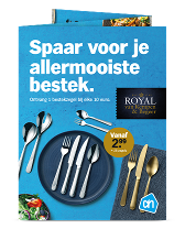 Spaaractie voor Royal van Kempen & Begeer bestek bij Albert Heijn, met tekst "Spaar voor je allermooiste bestek" en beeld van verschillende besteksets.