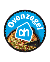 Albert Heijn 'Ovenzegel' sticker met afbeelding van een ovengebakken gerecht.