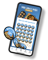 Afbeelding van een mobiele telefoon met de Albert Heijn app open, waarop een bijna volle digitale spaarkaart voor ovenzegels te zien is.