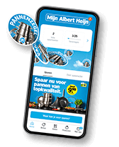 Afbeelding van een smartphone met de Albert Heijn-app, met een pannenactie voor pannen van topkwaliteit voor €9,99.