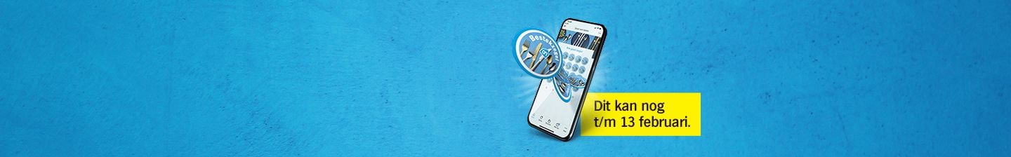 Smartphone met een app en sticker, tekst: "Dit kan nog t/m 13 februari."
