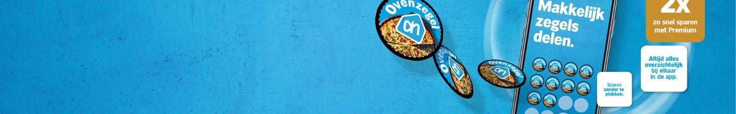 Promotie van Albert Heijn met de Mijn Albert Heijn app voor eenvoudig zegels sparen, inclusief optie om ovenzegels te delen en dubbele spaarpunten met Premium.