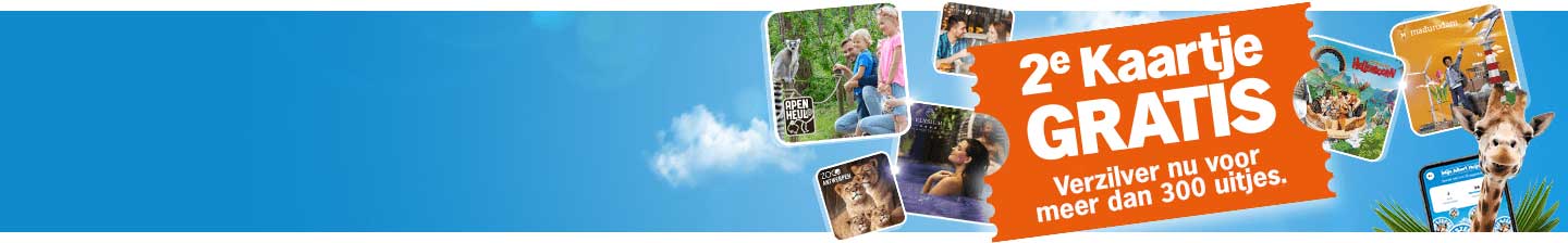 Promotie afbeelding voor "2e Kaartje Gratis" actie met ruim 300 verschillende uitjes, waaronder dierentuinen, pretparken en museums.