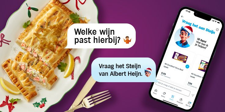 Feestelijke visschotel op een bord met citroenpartjes en een vork, naast een smartphone met de Albert Heijn app geopend en tekstballonnen over wijnadvies van Steijn van Albert Heijn.