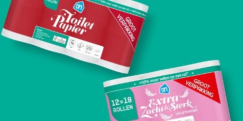 Verpakking van Albert Heijn toiletpapier en Extra Zacht & Sterk toiletpapier, grootverpakking.