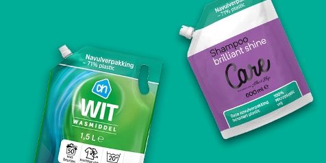 AH navulverpakkingen: wit wasmiddel en shampoo brilliant shine.