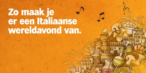 Promotiebeeld met de tekst "Zo maak je er een Italiaanse wereldavond van" met Italiaanse stad en voedselillustraties.