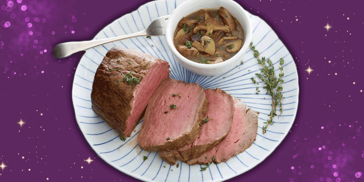 Ossenhaas uit de oven met paddenstoelen-cognacsaus en knolselderijpuree