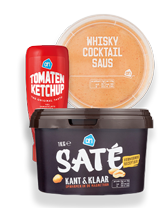 Albert Heijn tomaten ketchup, whisky cocktailsaus en kant-en-klare saté verpakking.