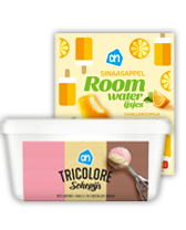 AH Tricolore schepijs en sinaasappel roomwaterijsjes verpakking.