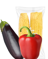 Aubergine, rode paprika en voorverpakte maïskolven