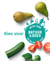 Afbeelding van het "Kies voor Natuur & Boer" logo met diverse groenten en fruit zoals komkommer, peer, tomaat en broccoli.