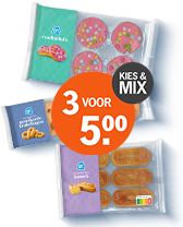 Kies & Mix aanbieding: 3 pakken AH koekjes voor €5,00.