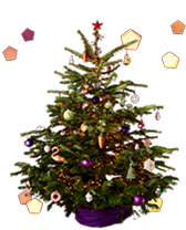 Versierde kerstboom met kerstornamenten en een ster erop.