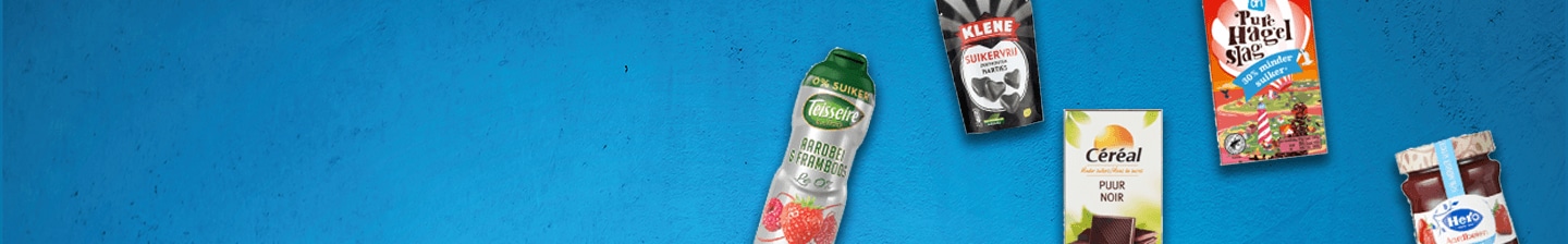 Producten van Teisseire, Klene, Céréal, De Ruijter en Hero tegen een blauwe achtergrond.