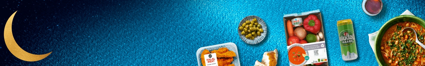 Assortiment van halal maaltijden en producten met een maan op een blauwe achtergrond, inclusief kipfilet en drank van Uludag.