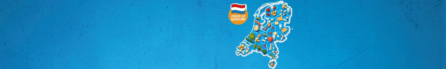 Kaart van Nederland gevuld met diverse producten en het logo "Lekker uit Nederland" op een blauwe achtergrond.