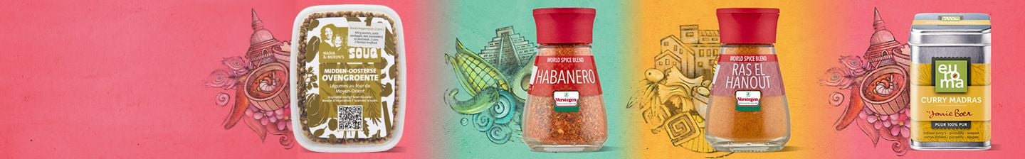Productenmix met Midden-Oosterse ovengroente, Verstegen Habanero kruiden, Verstegen Ras el Hanout kruiden en Euroma Curry Madras poeder op een kleurrijke achtergrond.