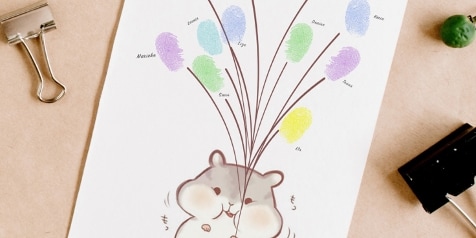 Illustratie van een hamster met kleurrijke vingerafdrukken aan ballondraden.