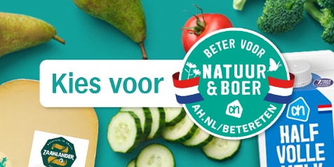 Promotiebeeld met Zaanlander kaas, AH halfvolle melk en diverse groenten, met de tekst "Kies voor Natuur & Boer".