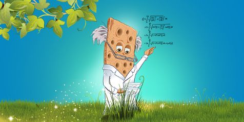 Koekje als wetenschapper in een grasveld met formules in de lucht