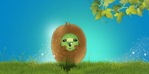 Kiwi met gezicht op gras onder een tak met bladeren tegen een blauwe achtergrond.