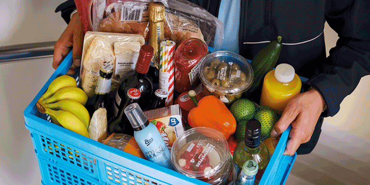 Boodschappenmand vol met diverse producten, waaronder bananen, paprika, wijn, sap en brood, in handen van een persoon.