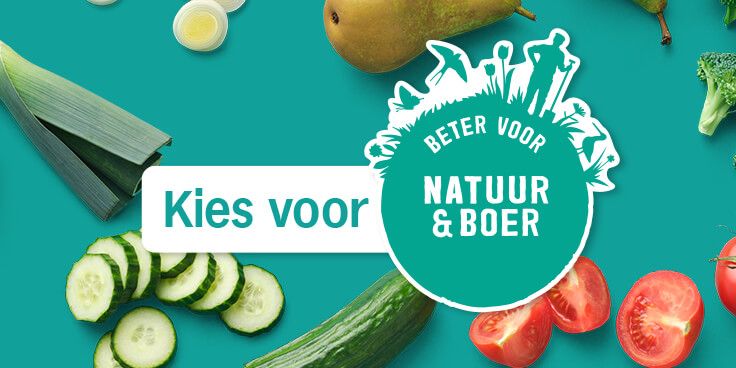 Promotie voor "Beter voor Natuur & Boer" met groenten zoals prei, komkommer, tomaat en peer.