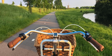 Fietsstuur met rieten mand op een fietspad in een groen landschap met water en een molen op de achtergrond