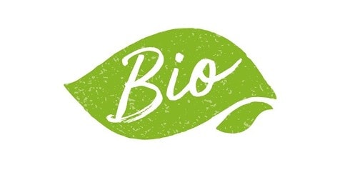 Logo van een groen blad met het woord "Bio".
