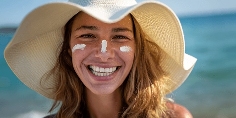 Vrouw met hoed bij de zee