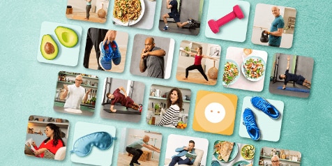 Collage van gezonde levensstijl: avocados, sportschoenen, gewichten, gezonde maaltijden en personen bezig met fitnessoefeningen, yoga en ontspanning.