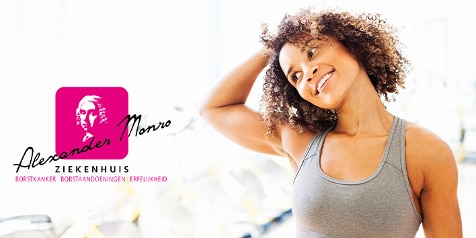 Alexander Monro Ziekenhuis logo met een vrouw in sportkleding op de achtergrond.