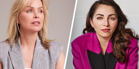 Twee personen in stijlvolle blazers, de linker in grijs en de rechter in fuchsia.