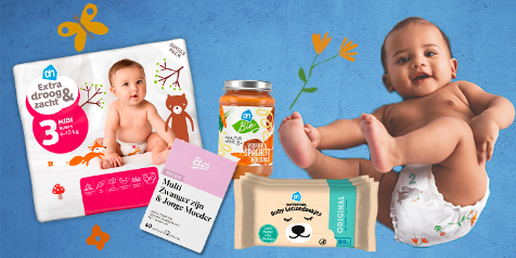 Producten voor baby's inclusief AH luiers, babymaaltijd, katoenen baby lotiondoekjes en Etos supplementen voor zwangere vrouwen en jonge moeders.