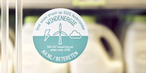 Sticker in een winkelraam met tekst over het gebruik van 100% Nederlandse windenergie door Albert Heijn, met vermelding van een 50% CO2 besparing per winkel sinds 2008.